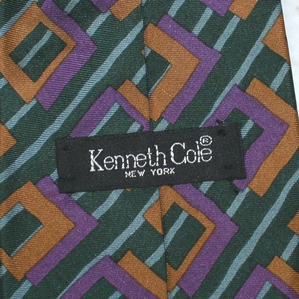 KENNETH COLE Necktie Retro Abstract Geometric Green Purple Stripe Silk Neck Tie